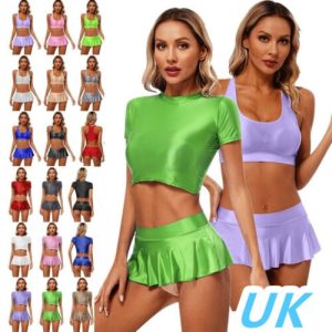 UK Women’s Glossy 2 Piece Outfits Crop Tops with Ruffled Skirt Outfits Tracksuit