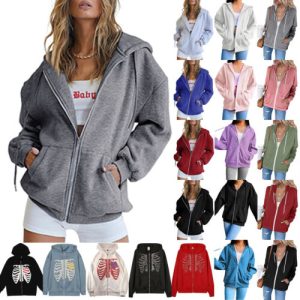 Lady Long Sleeve Hoodie Sweatshirt Loose Casual Sport Zip Up Coat Hooded Tops