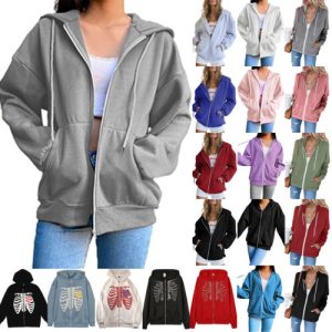 Lady Long Sleeve Hoodie Sweatshirt Loose Casual Sport Zip Up Coat Hooded Tops