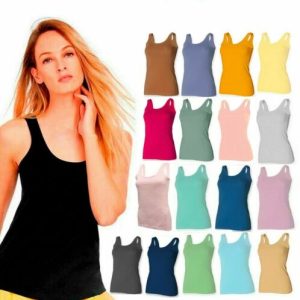 2 PACK WOMENS SCOOP NECK SLEEVELESS LADIES LONG STRETCH PLAIN VEST  T-SHIRT TOP