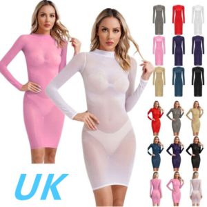 UK Women See Through Long Sleeve Midi Dress Solid Color Sheer Bodycon Tube Dress