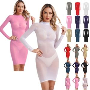 UK Women See Through Long Sleeve Midi Dress Solid Color Sheer Bodycon Tube Dress