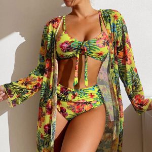 3pcs Set Women Bikini Swimwear Cover Up Long Sleeve Padded High Waist Swimsuit