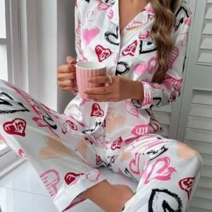 Women Ladies  Satin Heart Print Nightwear Long Sleeve Pyjamas Set Women Gift Set