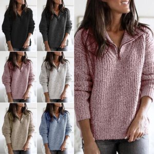 Women Jumper Long Sleeve Zip Neck Sweater Ladies Cozy Winter Warm Pullover Tops