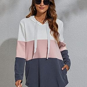 Blooming Jelly Womens Striped Hoodies Color Block Long Sleeve Tunic Sweatshirt Drawstring Jumper Tops with Pockets
