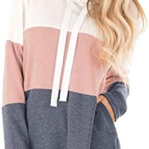 Blooming Jelly Womens Striped Hoodies Color Block Long Sleeve Tunic Sweatshirt Drawstring Jumper Tops with Pockets