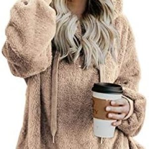 iWoo Teddy Fleece Sweatshirts Womens Casual Double Fuzzy Fluffy Hoodie Solid Color Warm Stylish 1/4 Zip Pullover With Pockets
