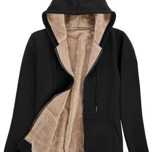 AOTORR Ladies Plain Hoodie Winter Warm Fleece Lined Zip Up Jacket Coat for Women