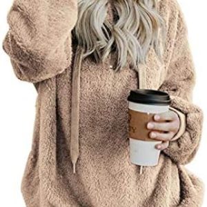 iWoo Teddy Fleece Sweatshirts Womens Casual Double Fuzzy Fluffy Hoodie Solid Color Warm Stylish 1/4 Zip Pullover With Pockets