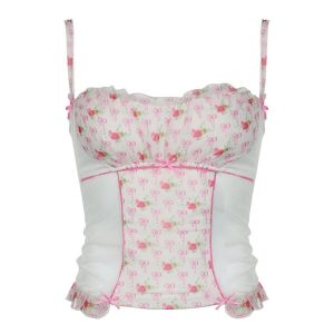 PINK Vintage Floral Print Y2K Cami Top Women Aesthetic Cute 2000 Camisole Slim