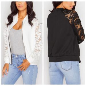Women's Short Bomber Jacket Long Lace Sleeve Zip Up Ladies Biker Coat Plus Size