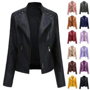 Women’s Short Bomber Jacket Long Lace Sleeve Zip Up Ladies Biker Coat Plus Size