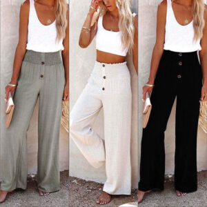 Summer Women Cotton Linen Trousers Ladies Casual Elastic Waist Bottoms Pants UK