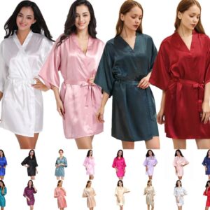 UK Plain Satin Silk Robe Wedding Bridesmaid Kimono Dressing Gown Sleepwear S-3XL