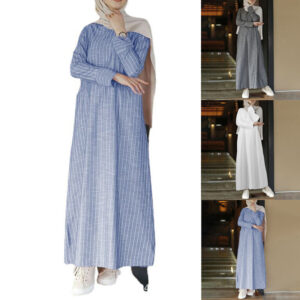 Muslim Women Full Length Dress Striped Side Pocket  Long Sleeve Maxi Shirt Dress