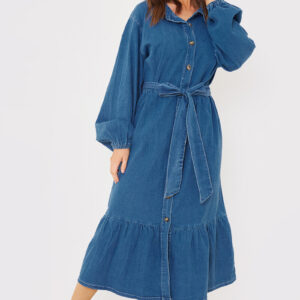 Womens Blue Midi Dress Denim Belted Tiered Midaxi Shirt Dress│In The Style