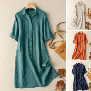 Women Solid Cotton Short Sleeve Lapel Shirt Dress Casual Loose Long Midi Dresses