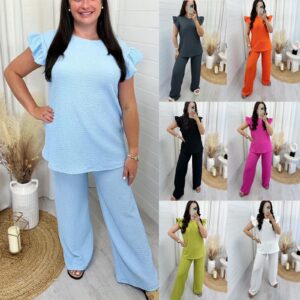 Women’s Loungwear Ladies Pop Corn Fabric Frill Sleeve Top Trousers 2PCS Co Ord