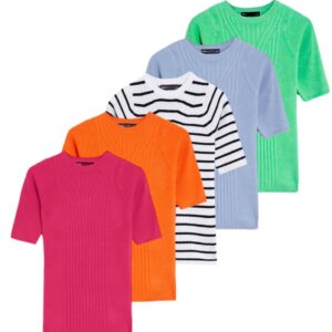 EX M&S Short Sleeve Top Ladies Ribbed Sweater Crew Neck Jumper Knitted Summer