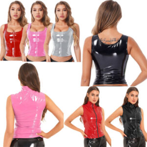 UK Women’s PVC Leather Sleeveless Vest Square Neck Front Zipper Crop Tank Tops