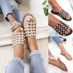 LADIES WOMENS STUDDED CAGE SLIDES FLAT SUMMER BLING SLIDERS SANDALS SHOES SIZE