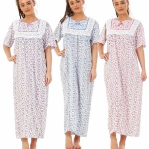 Women Nightwear Floral Print 100% Cotton Short Sleeve Long Nightdress M to XXXL