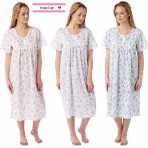 Ladies Poly Cotton Floral Sprig Short Sleeve Nightdress Nightie by Marlon MN 11