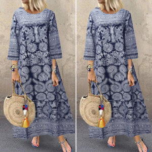 Womens Autumn Retro Floral Printed Casual Loose Dress Kaftan Baggy Maxi Dresses
