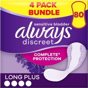 Always Discreet Incontinence Panty Liners for Women, Long Plus, 80 High Absorben