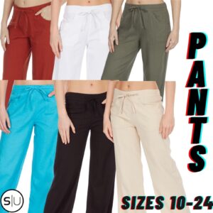 Womens Ladies Linen Trousers Pants Summer Casual Holiday Beach Chino Khaki Cargo