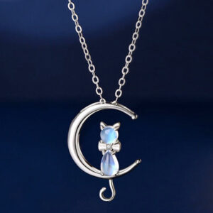Women Moonstone Cat Pendant Chain Necklace 925 Sterling Silver Jewellery Gift UK
