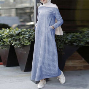 Women Muslim Full Length Long Sleeve Maxi Cotton Side Pocket Striped Shirt Dress