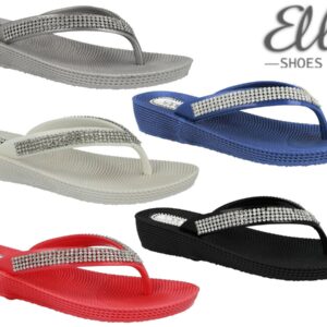 Ladies Diamante Flip Flops Sandals Comfort Toe Post Summer Beach Low Wedge Ella