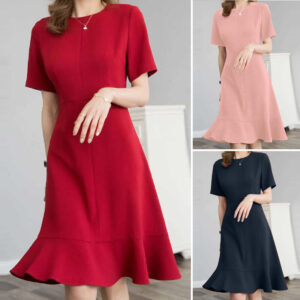 Women Short Sleeve Round Neck Ruffled Hem Dress Ladies Formal Work Mini Dresses