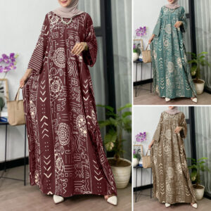 Women Printed Long Sleeve Casual Loose Shirt Dresses Muslim Kaftan Maxi Dress
