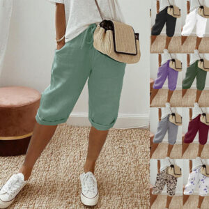 Women Bermuda Shorts Solid Color Knee Length Short Pants Ladies Loose Drawstring