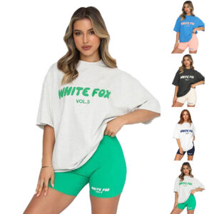 UK Summer 2PCS White Fox Tracksuits Set Womens T-Shirt Skinny Shorts Casual Suit