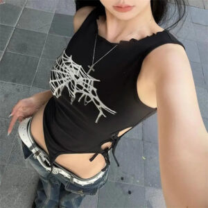 Y2k Retro Punk Tank Tops Women Lace Up Crop Tops Spider Web Print Bandage